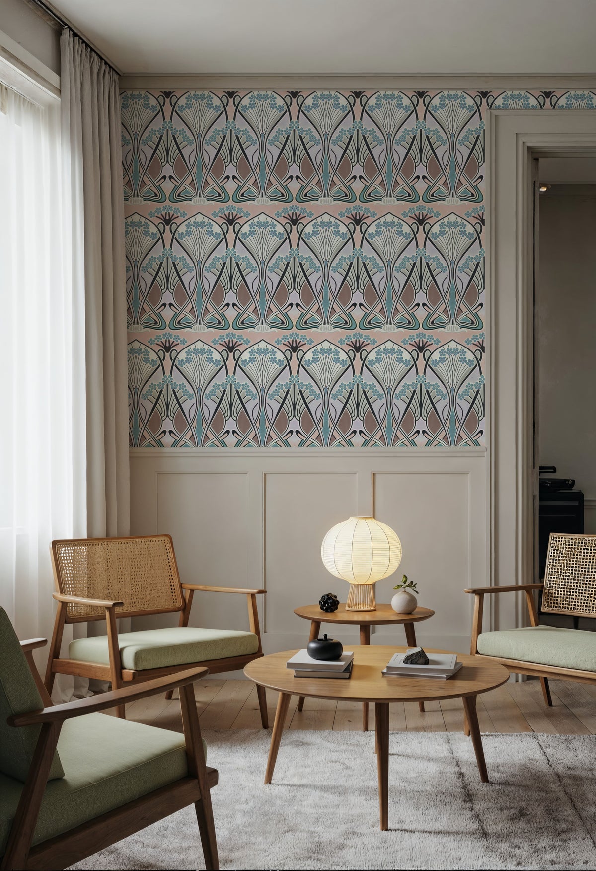 Floral Art Deco Aura, Light Teal Mural Wallpaper - room preview 03