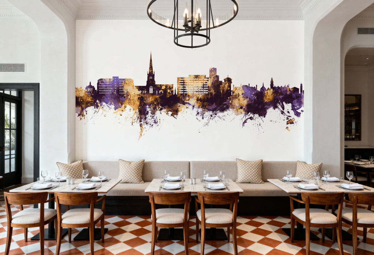 Solihull England Skyline Purple & Gold Mural Wallpaper - room preview 03