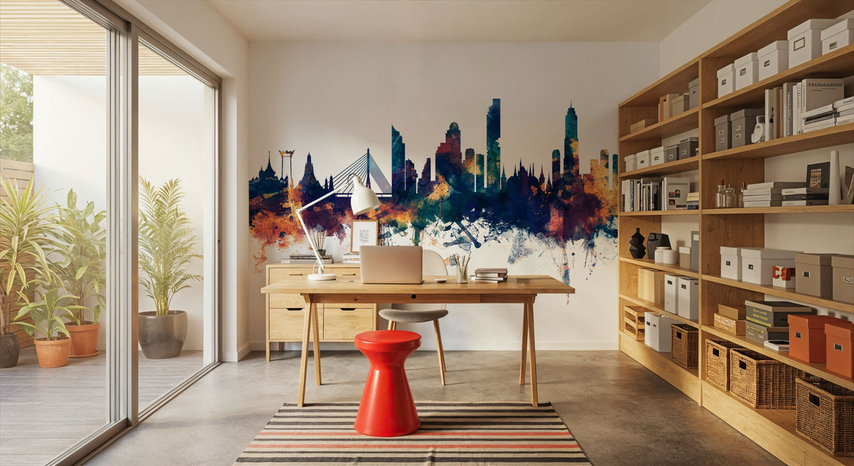 Bangkok Thailand Skyline Blue & Bronze Mural Wallpaper - room preview 03