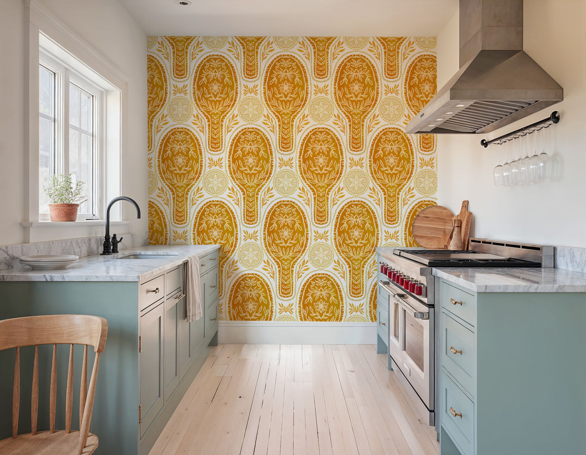 Floral Rackets, Yellow Mural Wallpaper - room preview 03