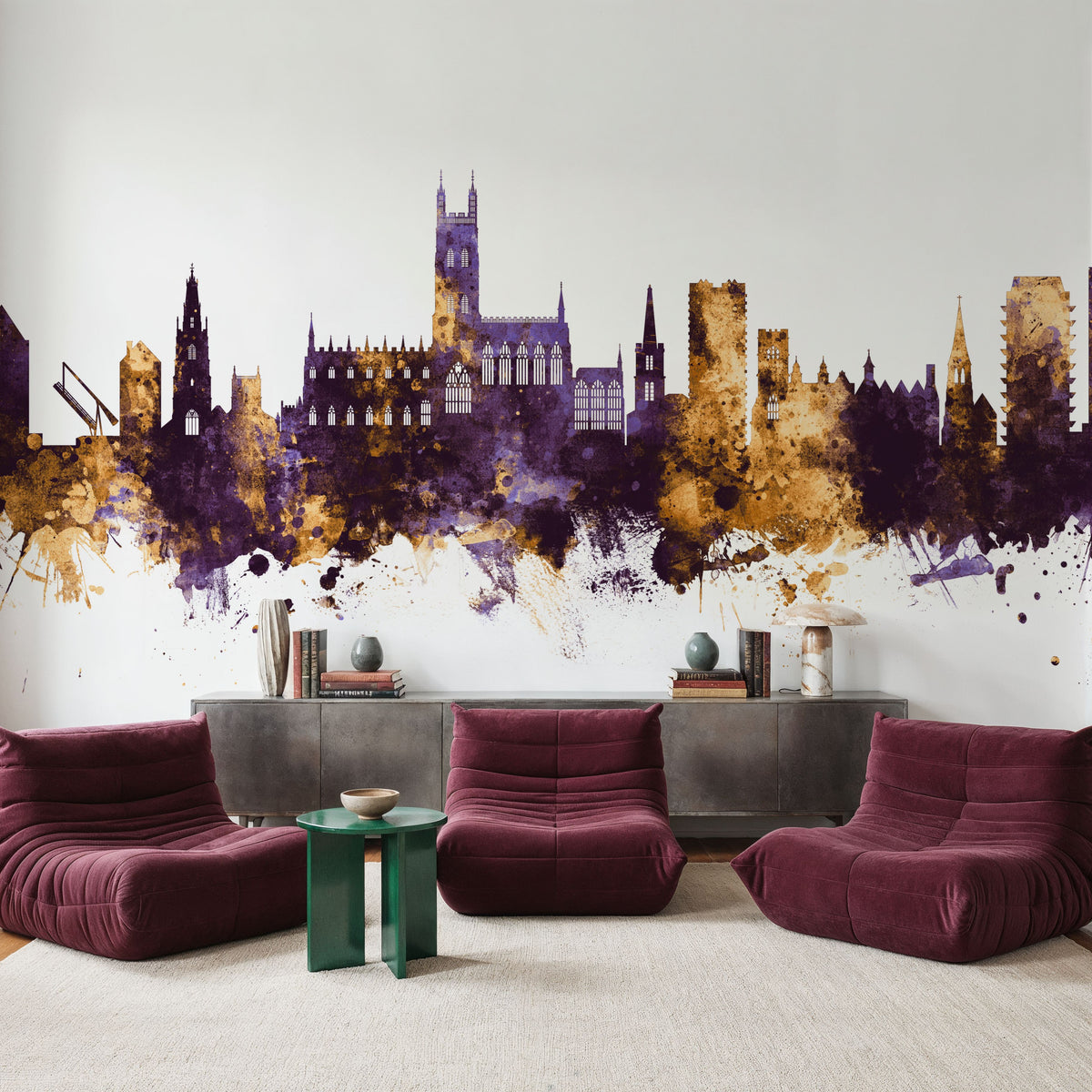 Gloucester England Skyline Purple & Gold Mural Wallpaper - room preview 03