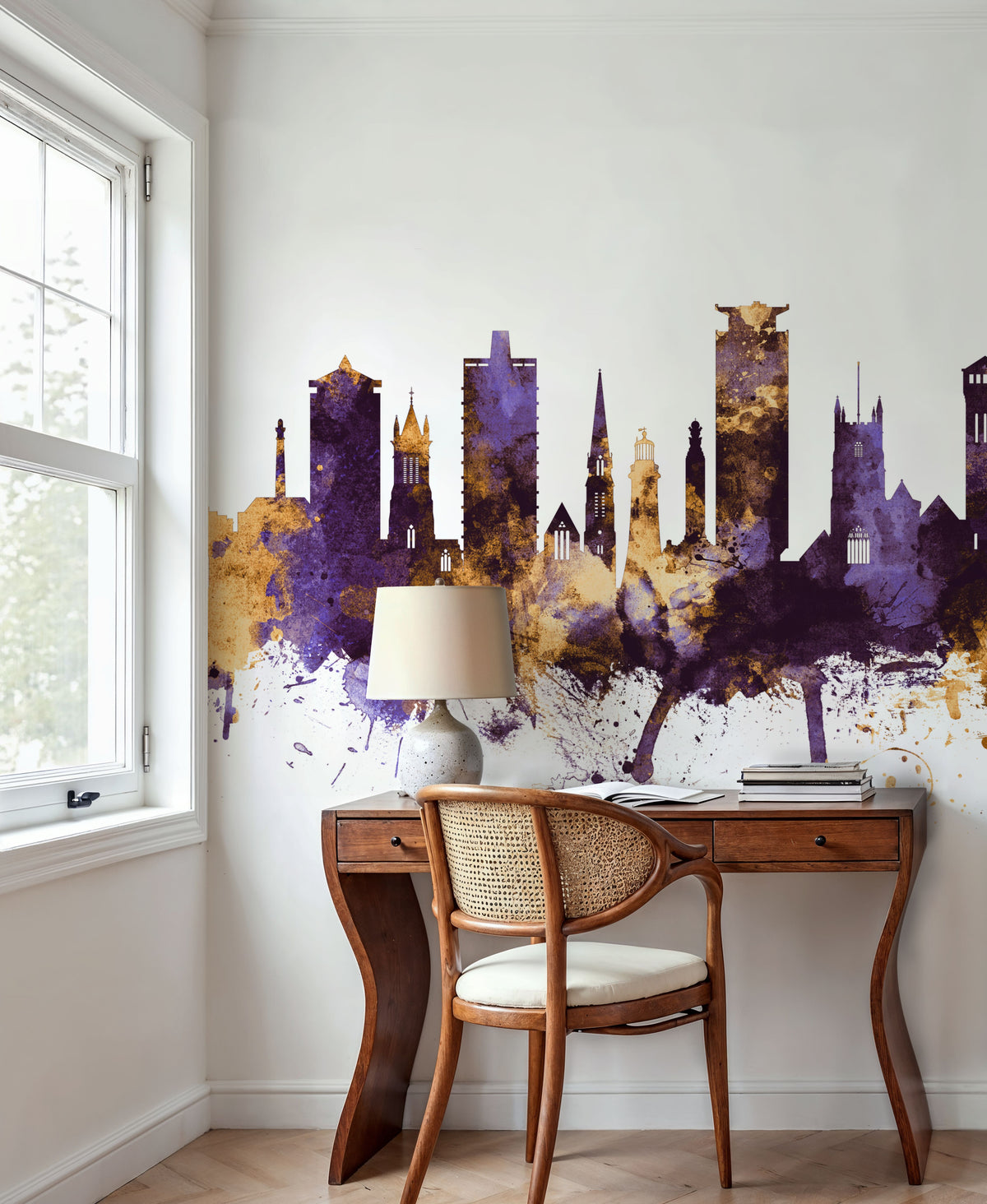 Plymouth England Skyline Purple & Gold Mural Wallpaper - room preview 03