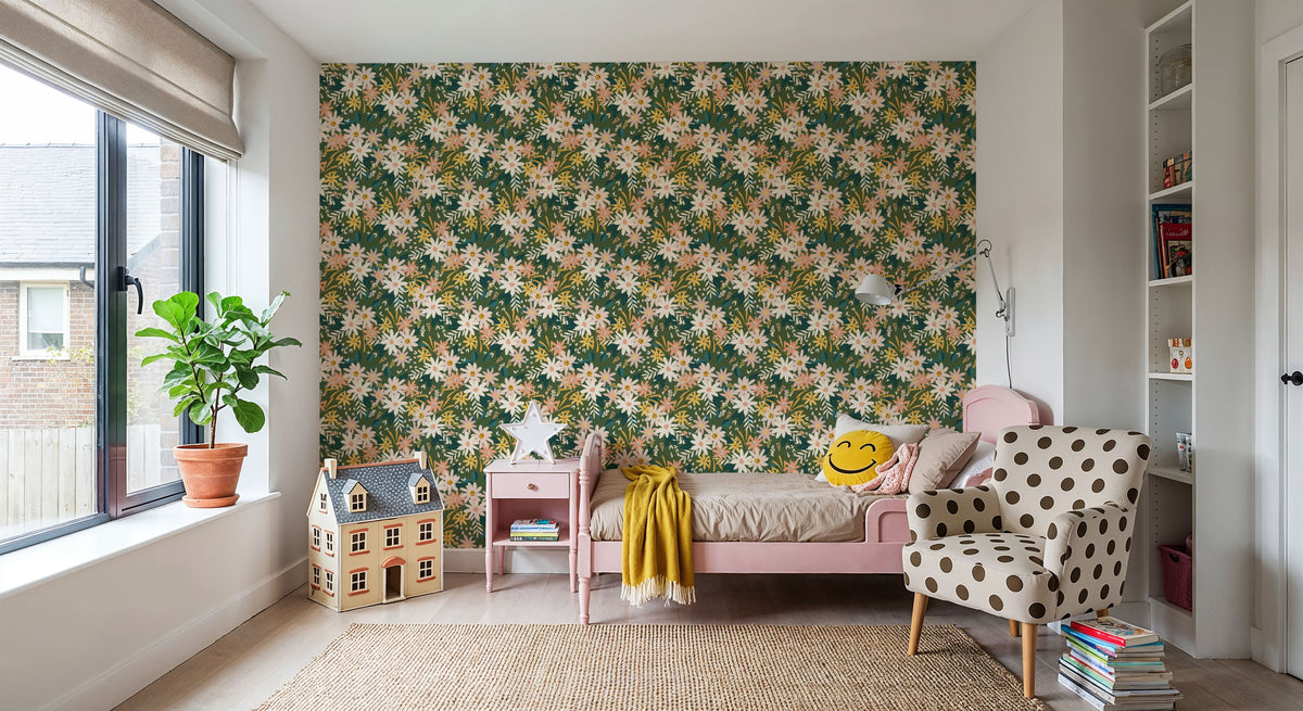 Market Flowers on Green Mural Wallpaper - room preview 03