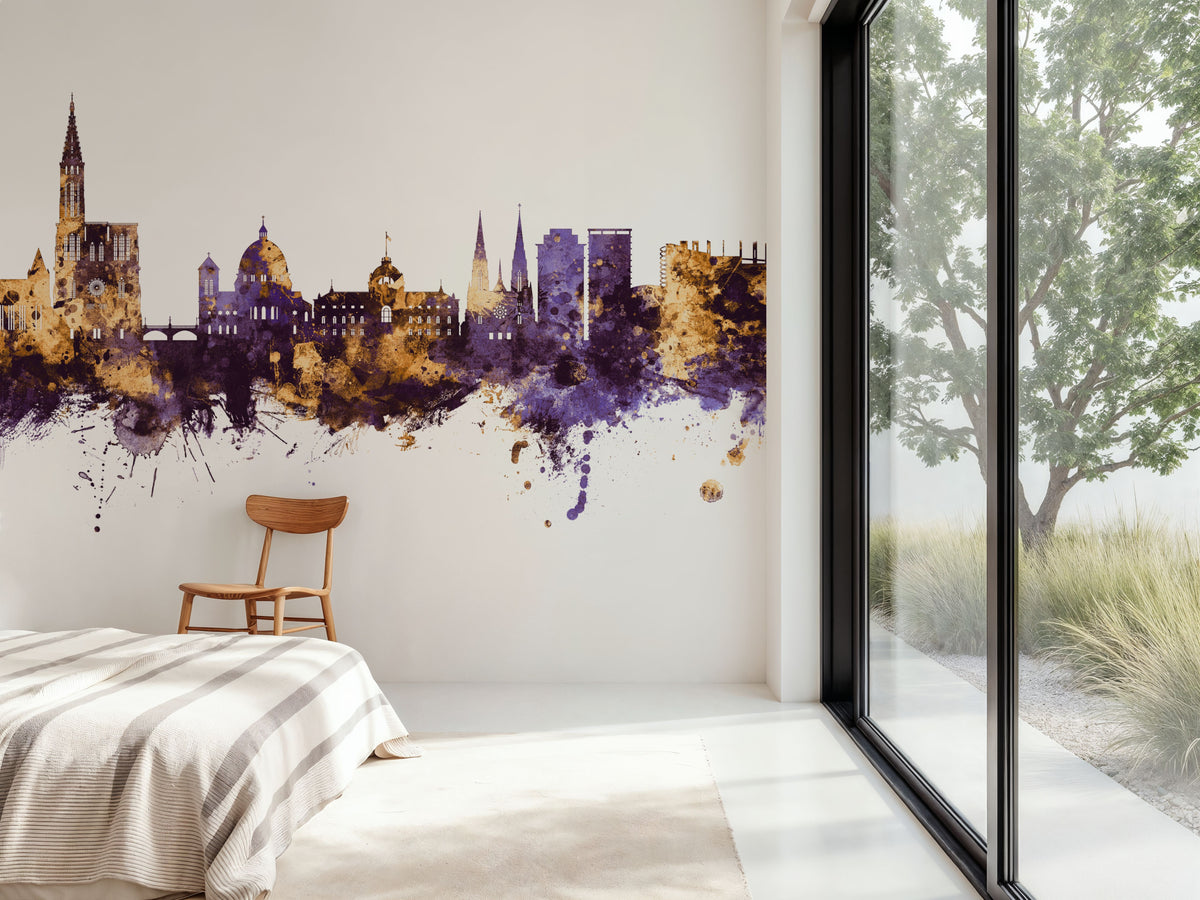 Strasbourg France Skyline Purple & Gold Mural Wallpaper - room preview 03