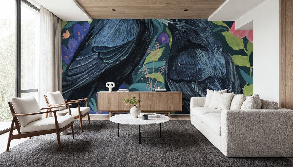 Two Crows on Flowers Mural Wallpaper - room preview 03