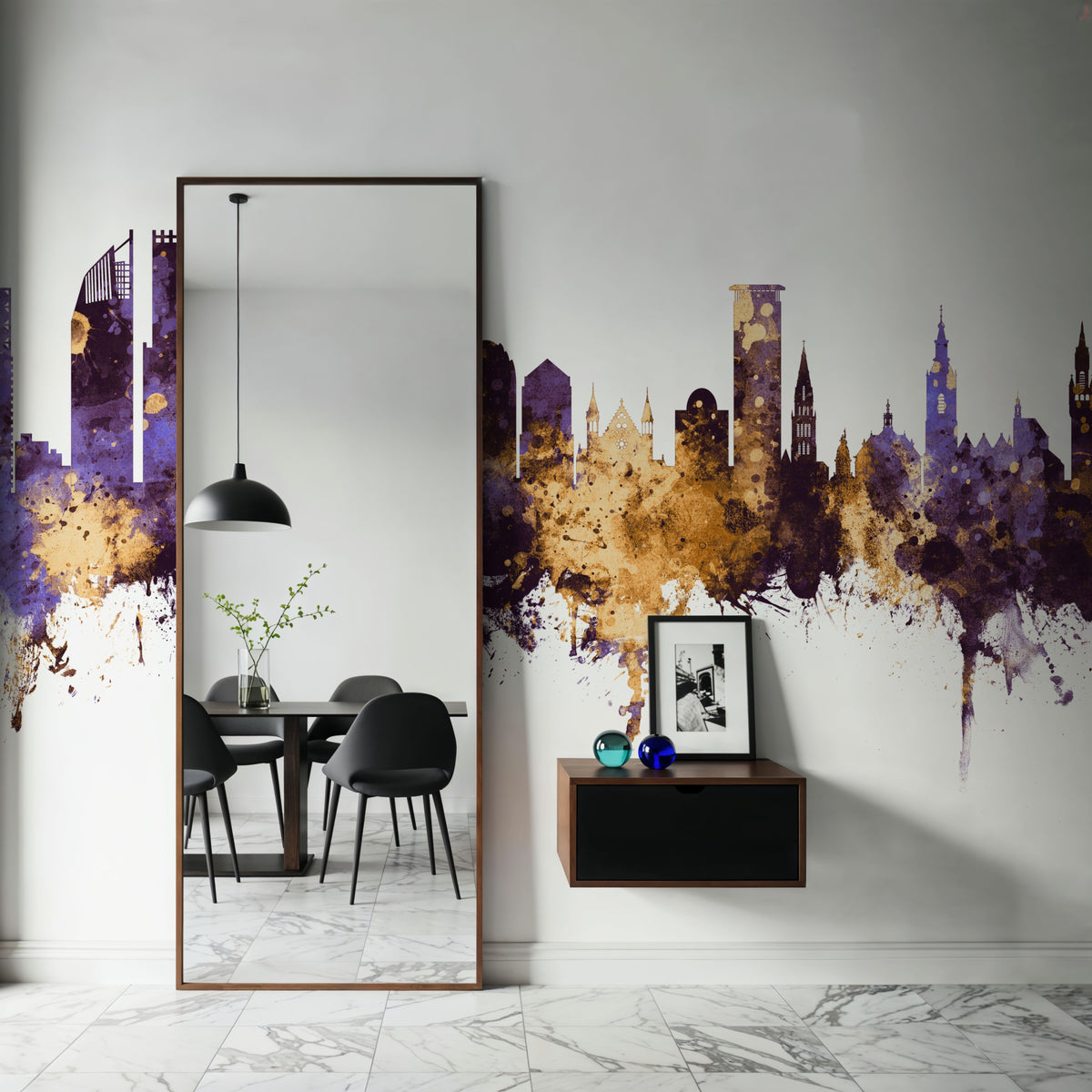 The Hauge Netherlands Skyline Purple & Gold Mural Wallpaper - room preview 03