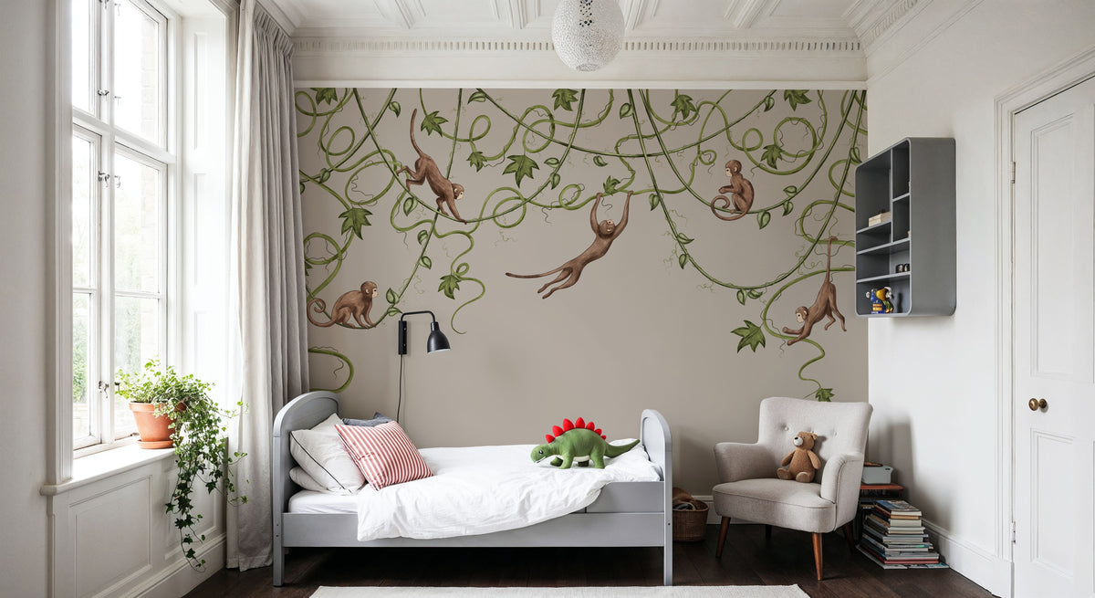 Monkey Jump, Greige Mural Wallpaper - room preview 03