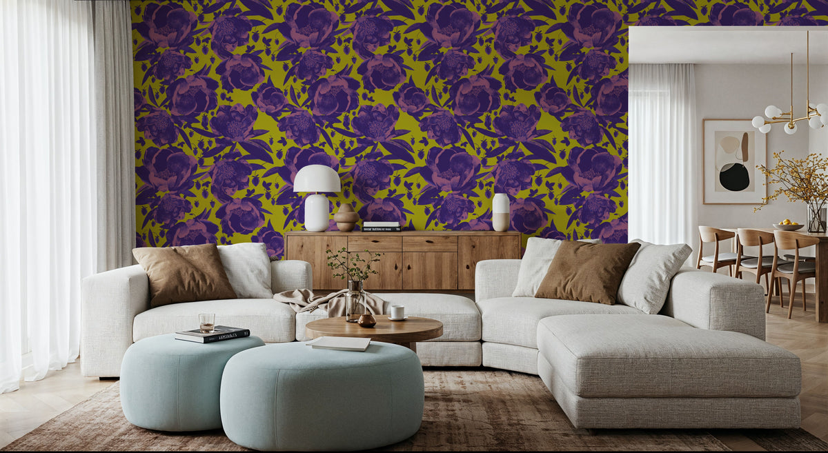 Pop Peonies, Purple & Lime Mural Wallpaper - room preview 03