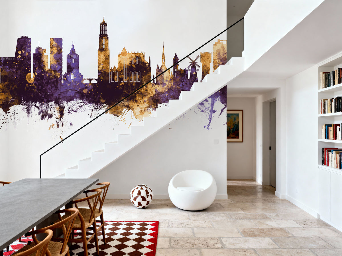 Utrecht the Netherlands Skyline Purple & Gold Mural Wallpaper - room preview 03
