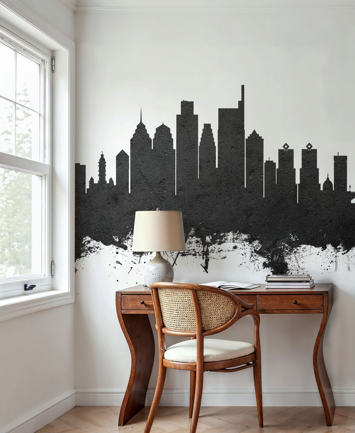 Philadelphia Skyline Black & White Mural Wallpaper - room preview 03