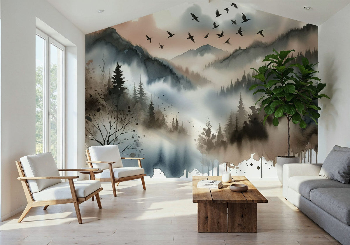 Mystic Mountains Veiled in Morning Mist Mural Wallpaper - room preview 03