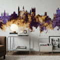 Cambridge England Skyline Purple & Gold Mural Wallpaper - room preview 03