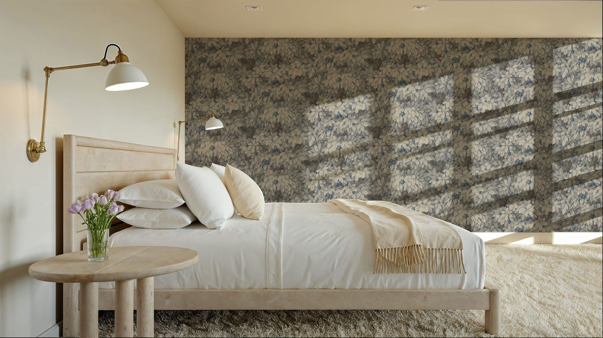 Fruit Tree Bower, Blue on Mauve Mural Wallpaper - room preview 03