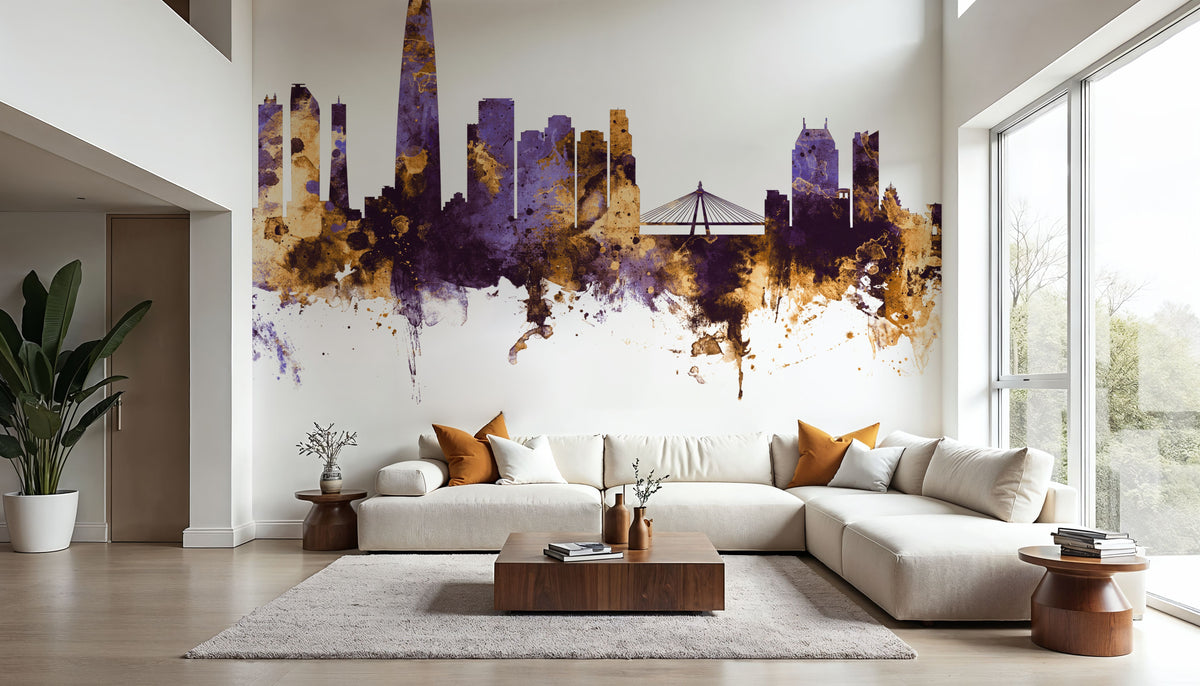 Seoul Skyline Purple & Gold Mural Wallpaper - room preview 03