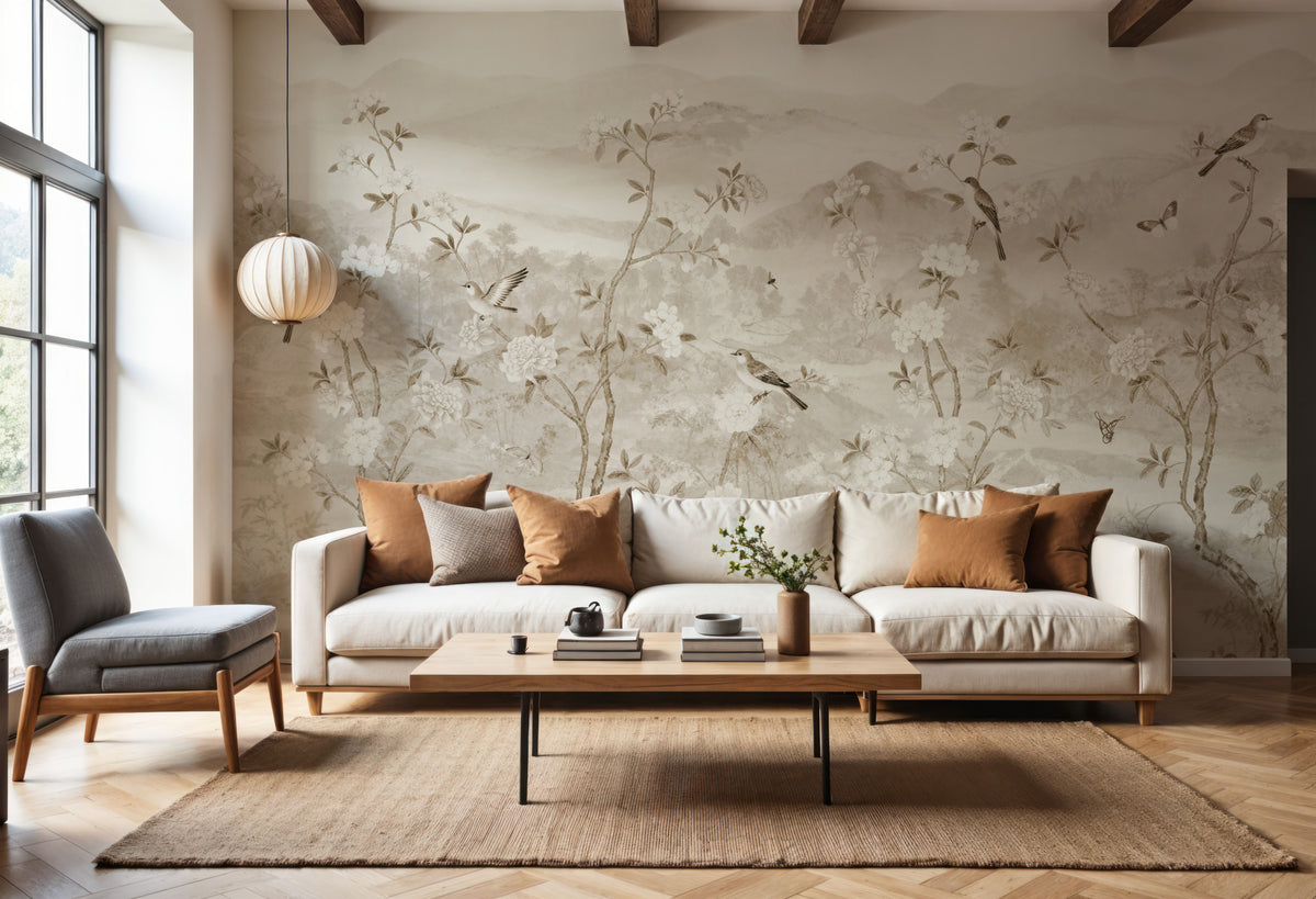 Peony Tree Landscape, Sand Mural Wallpaper - room preview 03