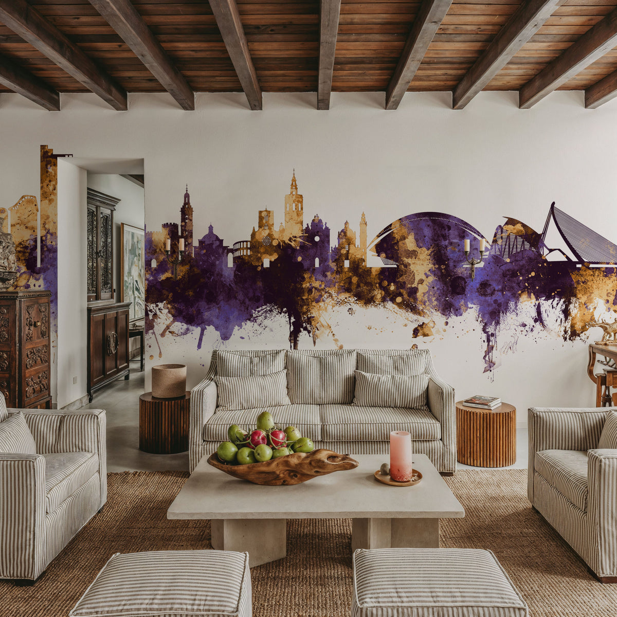Valencia Spain Skyline Purple & Gold Mural Wallpaper - room preview 03
