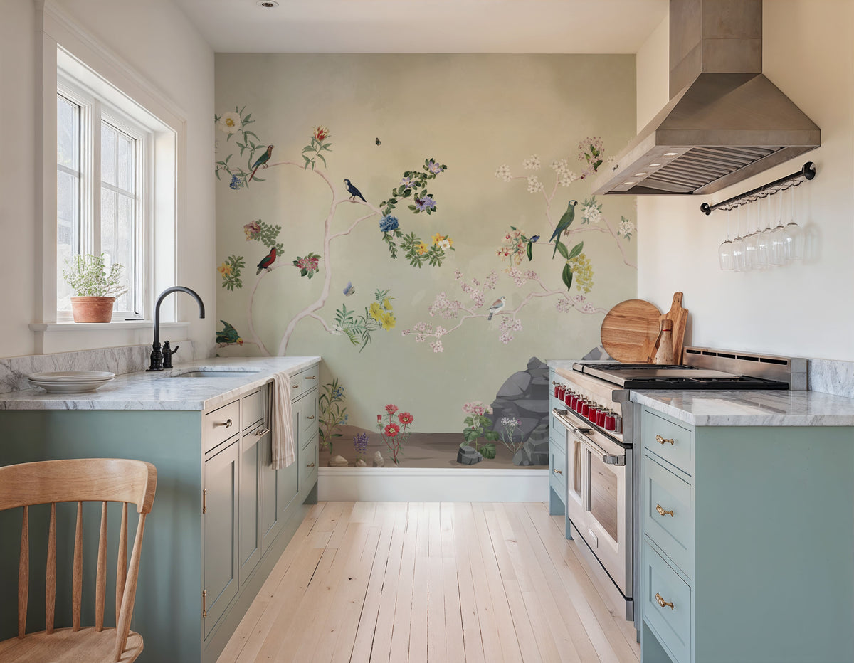 Birds in the Garden Green Mural Wallpaper - room preview 03