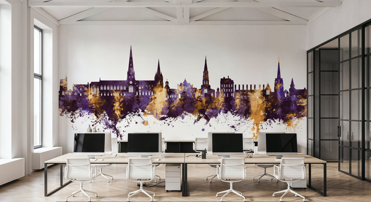 Lichfield England Skyline Purple & Gold Mural Wallpaper - room preview 03