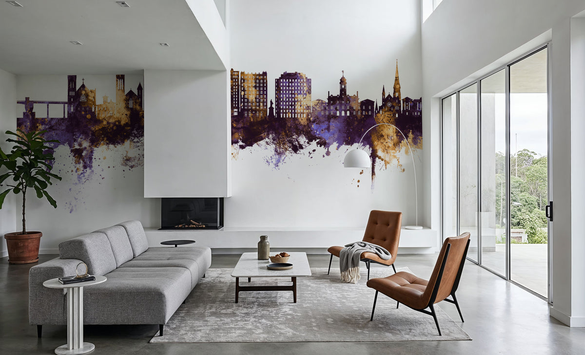 Portland Maine Skyline Purple & Gold Mural Wallpaper - room preview 03