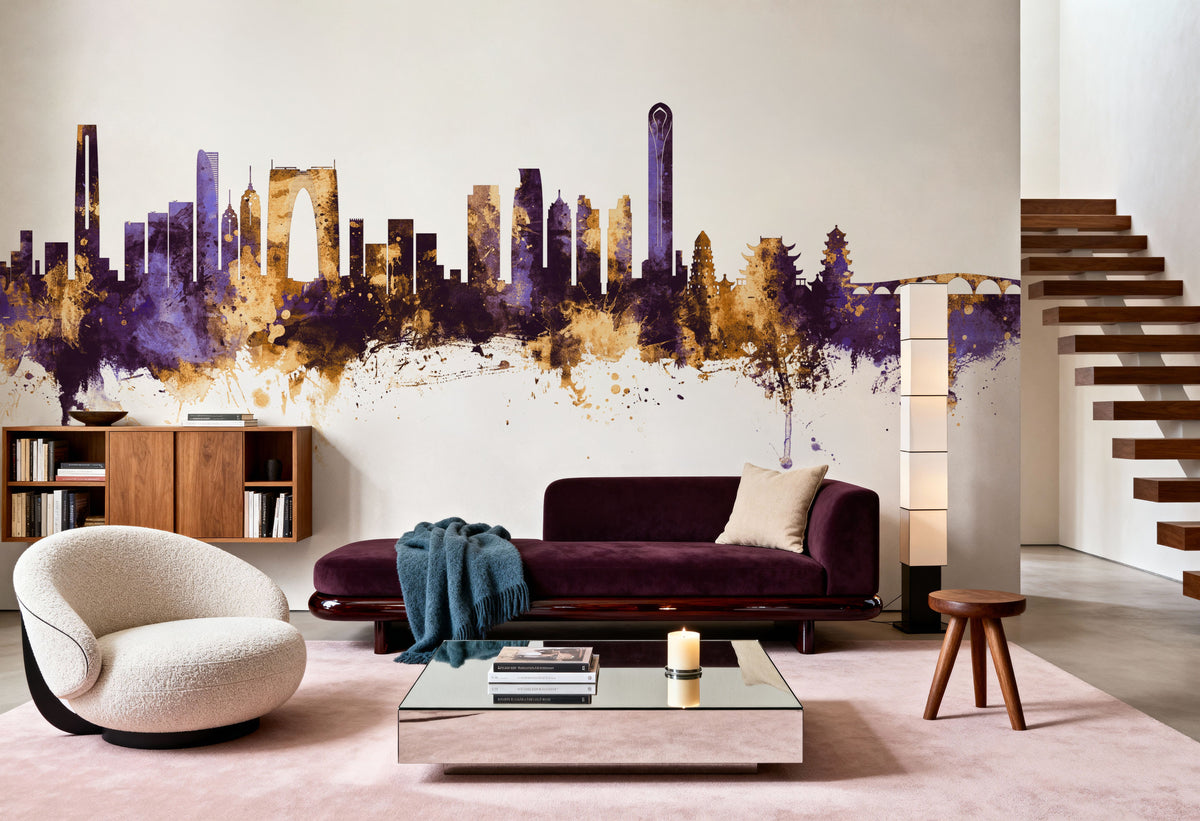 Suzhou China Skyline Purple & Gold Mural Wallpaper - room preview 03