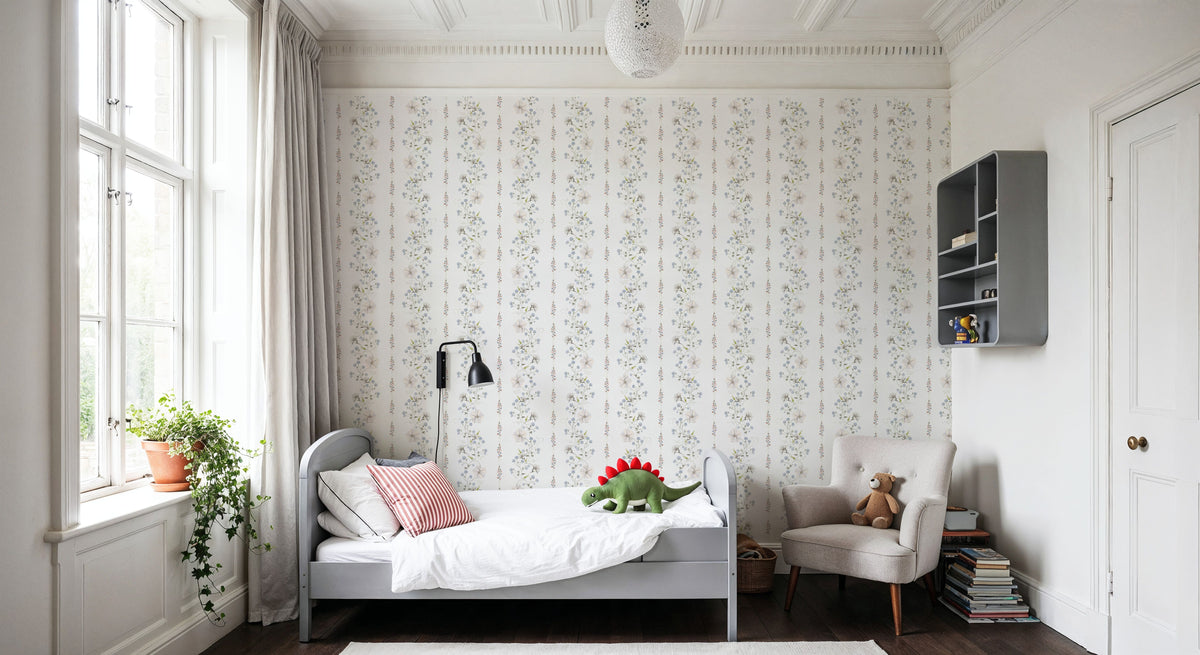 Trailing Flower Stripe, White Mural Wallpaper - room preview 03