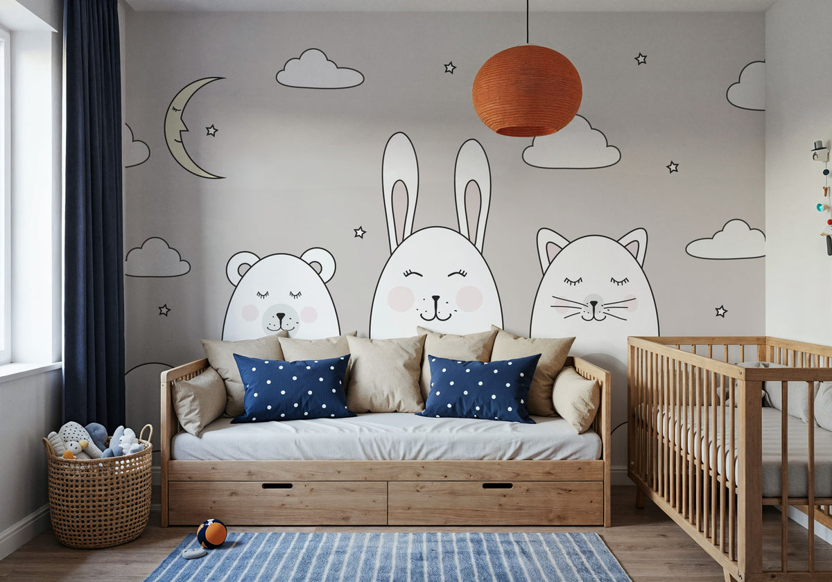 Sleeping Bunny Gray Mural Wallpaper - room preview 03