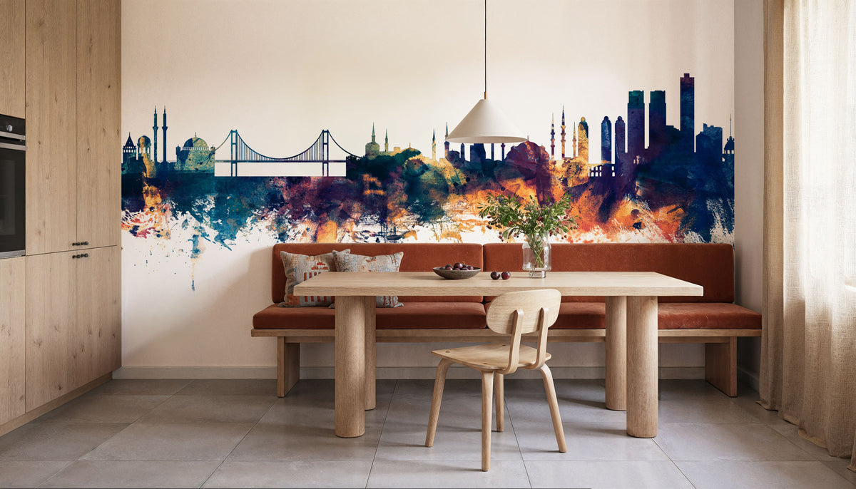 Istanbul Turkey Skyline Blue & Bronze Mural Wallpaper - room preview 03