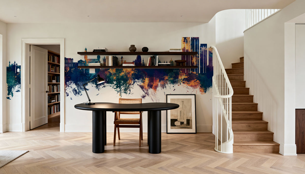 Hyderabad Skyline Blue & Bronze Mural Wallpaper - room preview 03