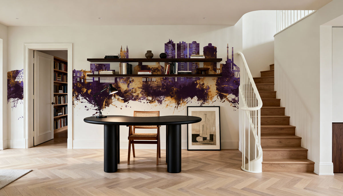 Scunthorpe England Skyline Purple & Gold Mural Wallpaper - room preview 03