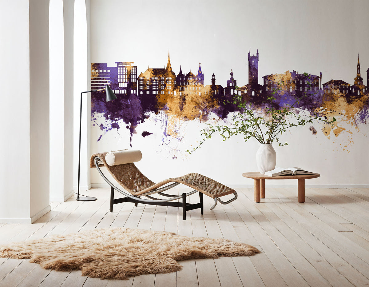 Vevey Switzerland Skyline Purple & Gold Mural Wallpaper - room preview 03