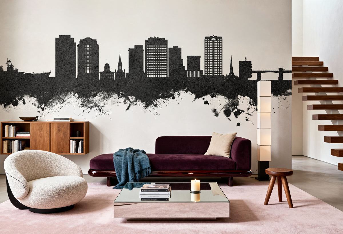 Norfolk Virginia Skyline Black & White Mural Wallpaper - room preview 03