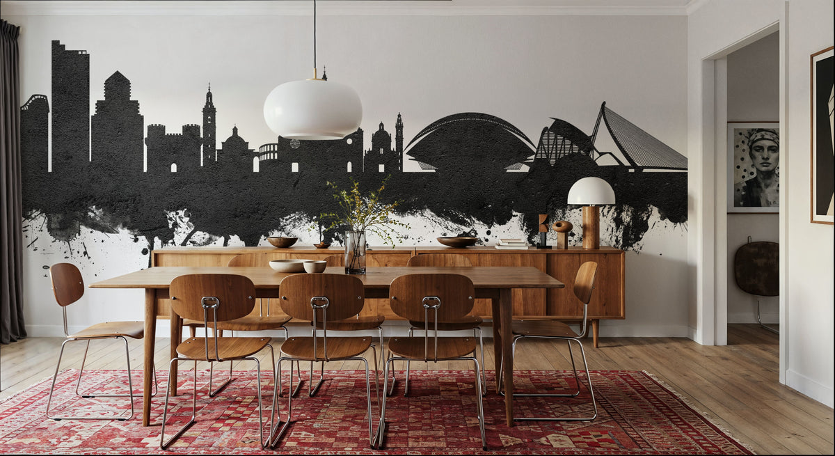Valencia Spain Skyline Black & White Mural Wallpaper - room preview 03