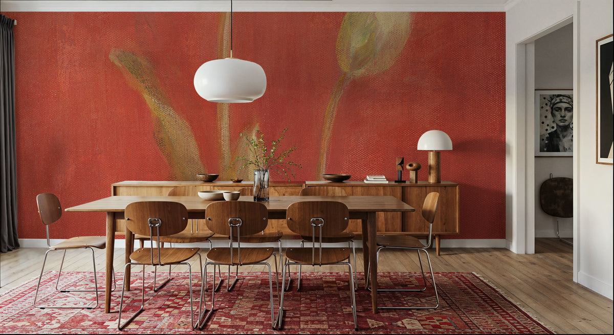 White Tulips on Red Mural Wallpaper - room preview 03