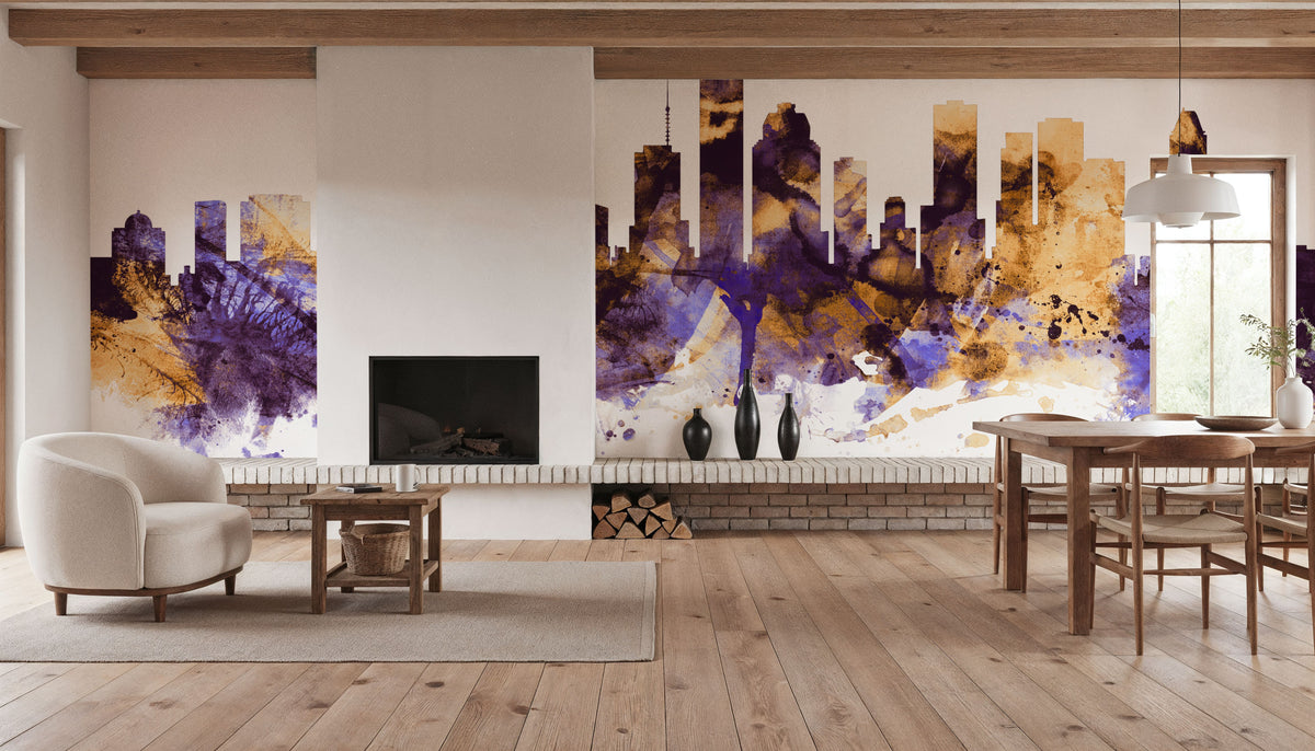 Houston Skyline Purple & Gold Mural Wallpaper - room preview 03