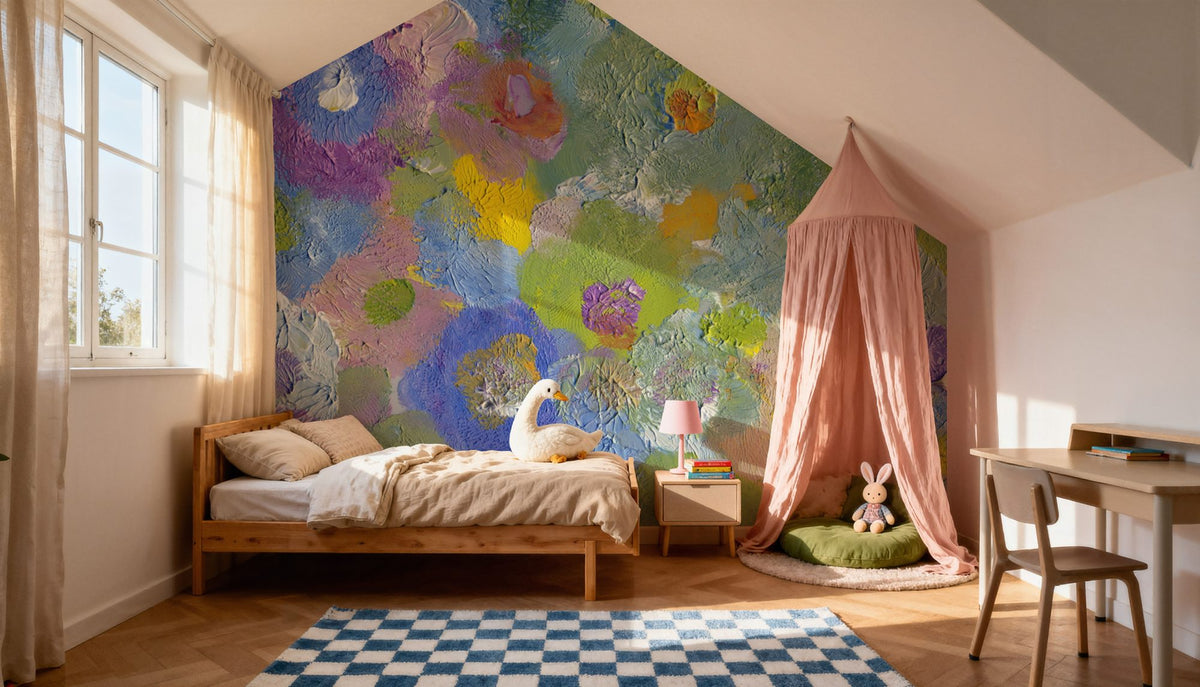 Happy Oil Painted Flowers, Blue & Purple Mural Wallpaper - room preview 04