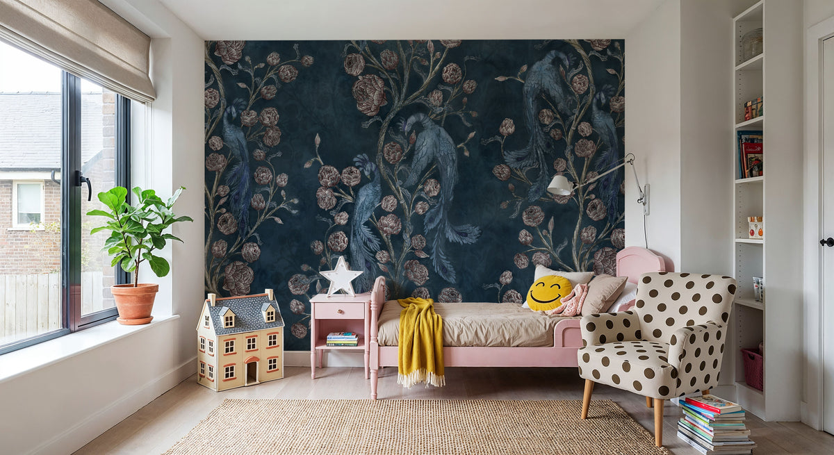 Peacock and Peony Chinoiserie Navy Mural Wallpaper - room preview 03