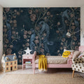 Peacock and Peony Chinoiserie Navy Mural Wallpaper - room preview 03