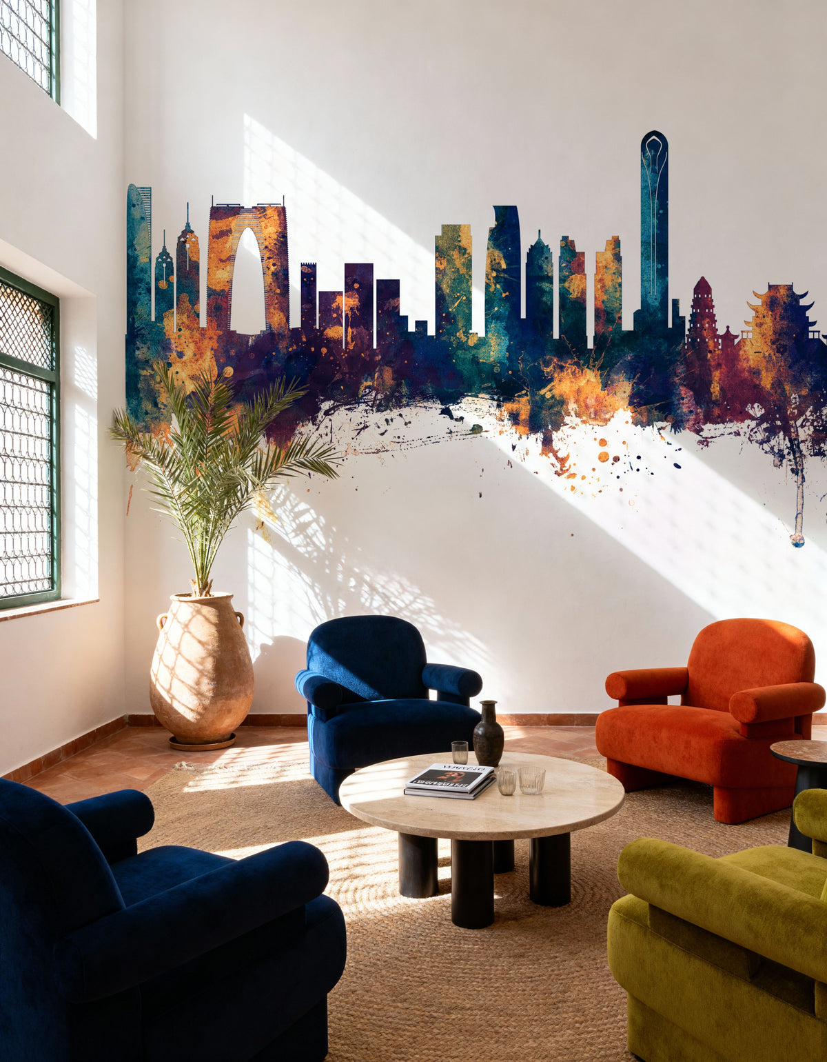Suzhou China Skyline Blue & Bronze Mural Wallpaper - room preview 03