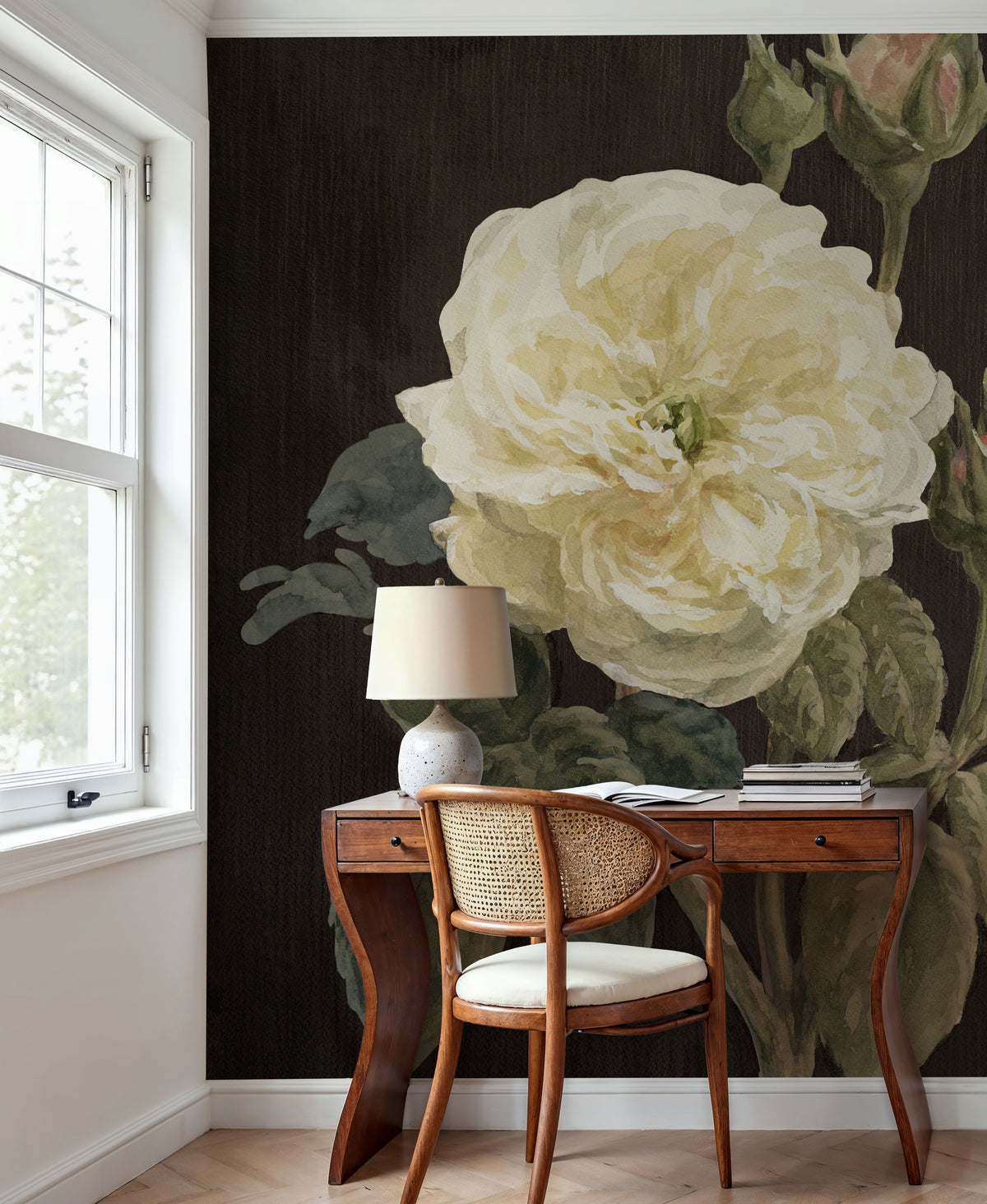 Heirloom White Rose on Black Mural Wallpaper - room preview 03