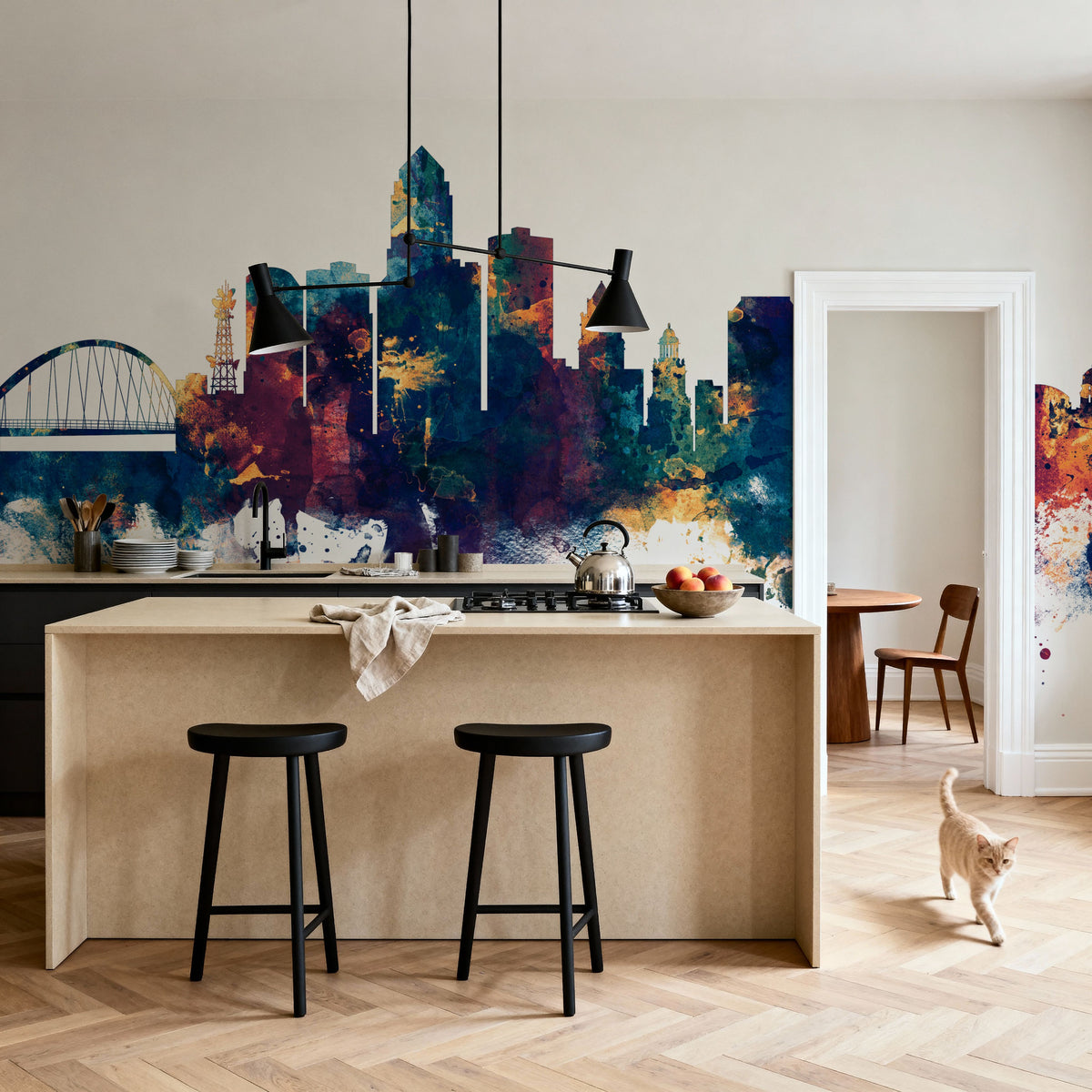 Des Moines Iowa Skyline Blue & Bronze Mural Wallpaper - room preview 03