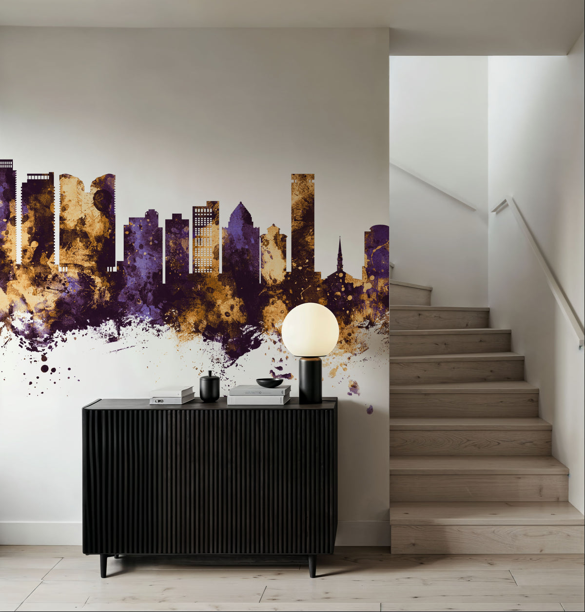 Fort Lauderdale Florida Skyline Purple & Gold Mural Wallpaper - room preview 03