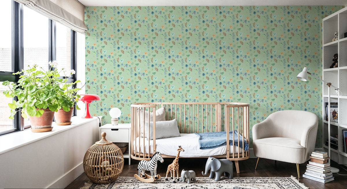 Flutterby Flowers Mint Mural Wallpaper - room preview 03