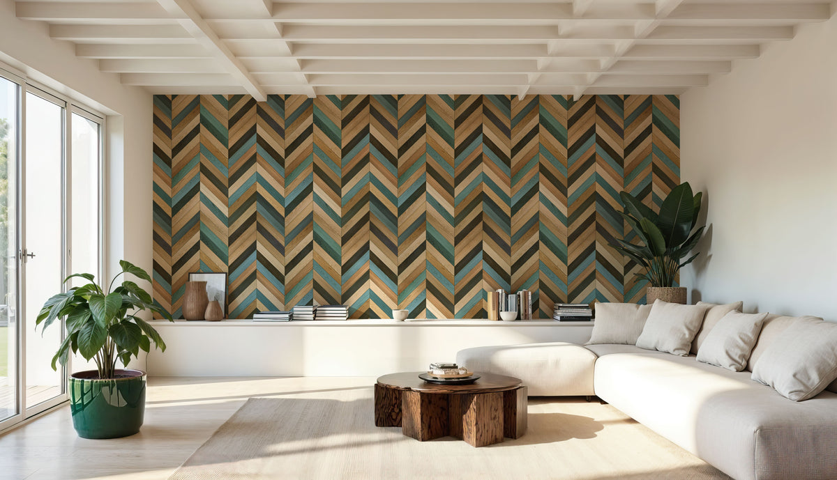 Chevron Wood, Teal Mural Wallpaper - room preview 03
