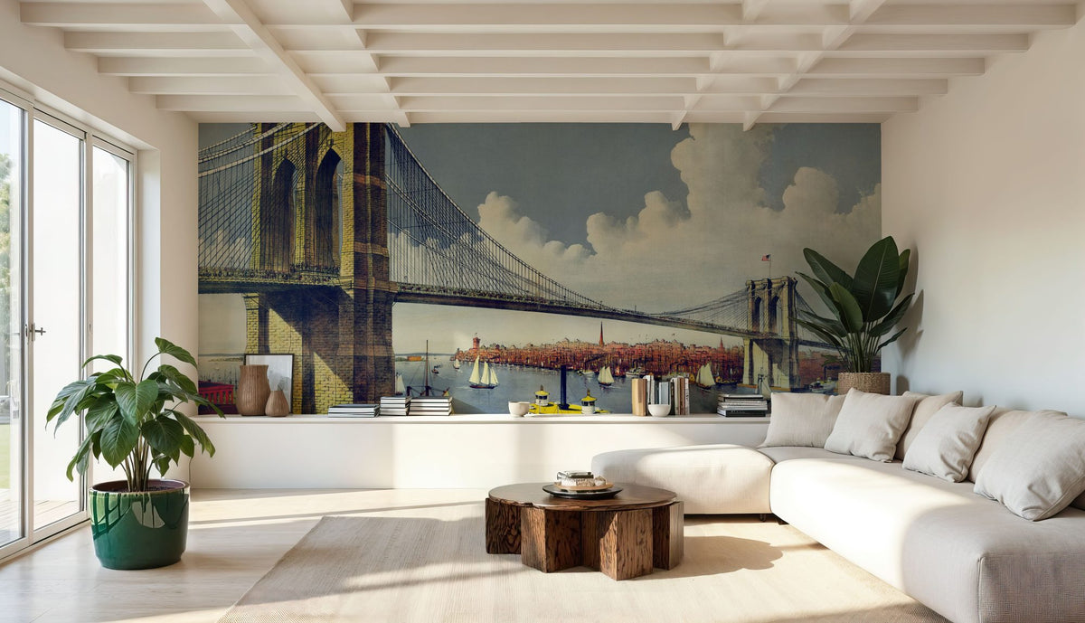 Vintage Illustration of East River Bridge, New York Mural Wallpaper - room preview 03