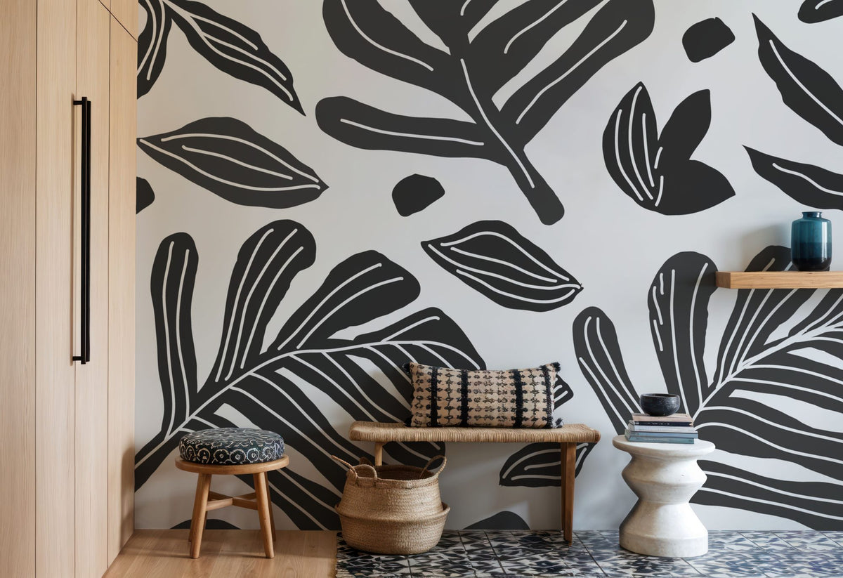 Monstera Cuttings, Black & White Mural Wallpaper - room preview 03