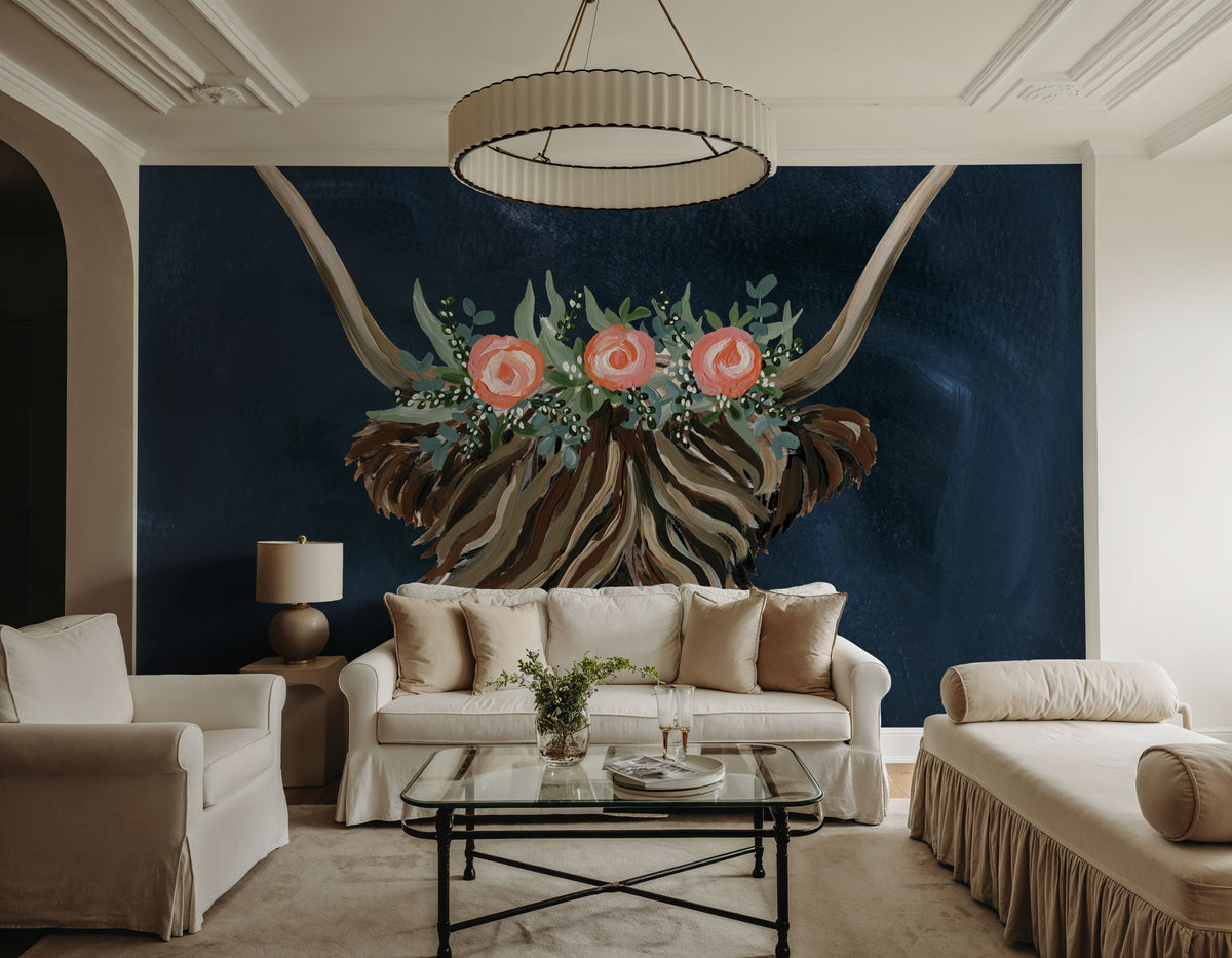 Longhorn with Rose Crown Dark Mural Wallpaper - room preview 03