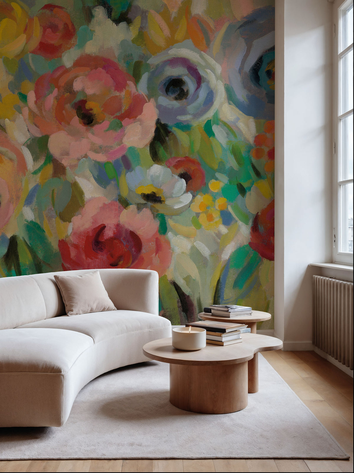 Vivid Coral Floral I Mural Wallpaper - room preview 03
