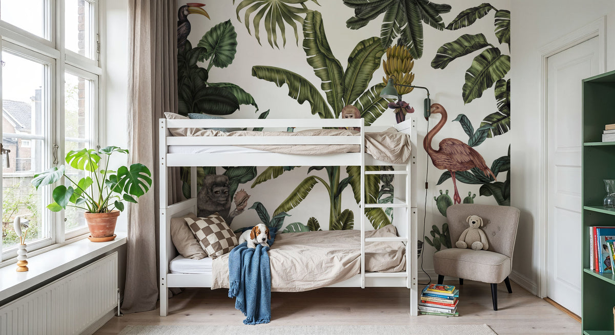 Monkeys with Birds, White Mural Wallpaper - room preview 03