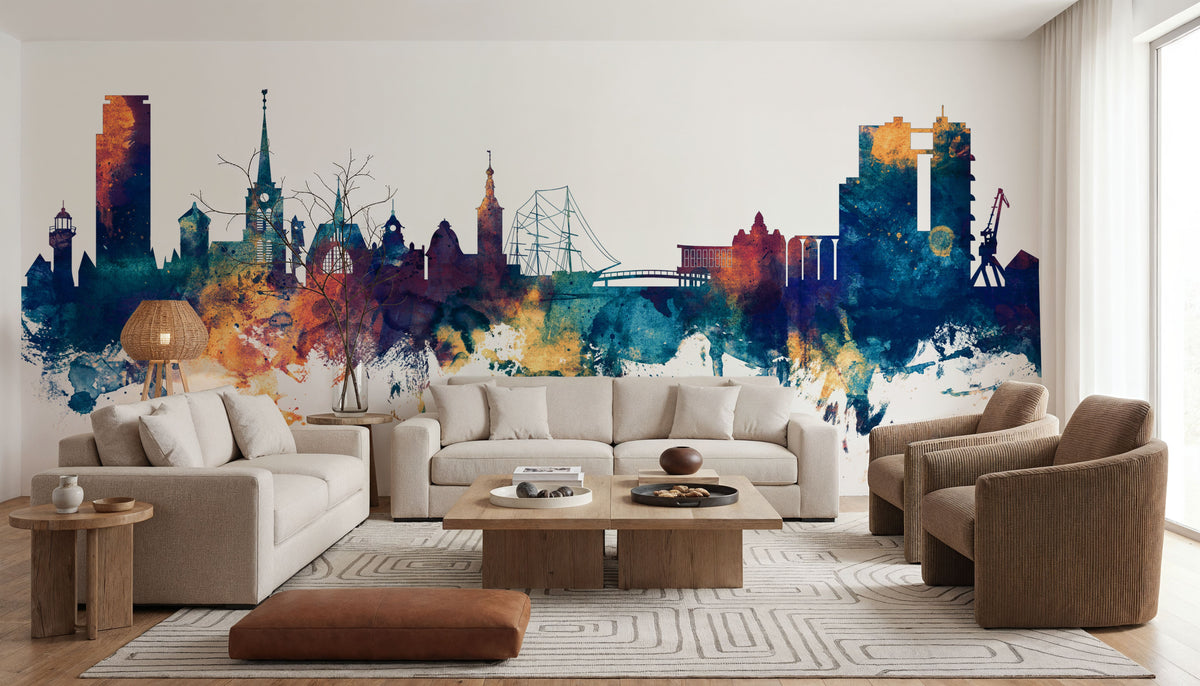 Halmstad Sweden Skyline Blue & Bronze Mural Wallpaper - room preview 03