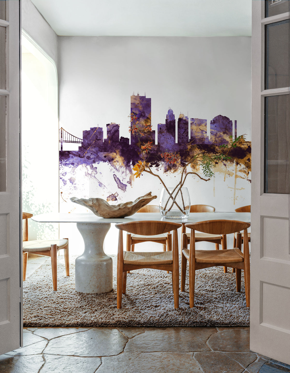 Toledo Ohio Skyline Purple & Gold Mural Wallpaper - room preview 03